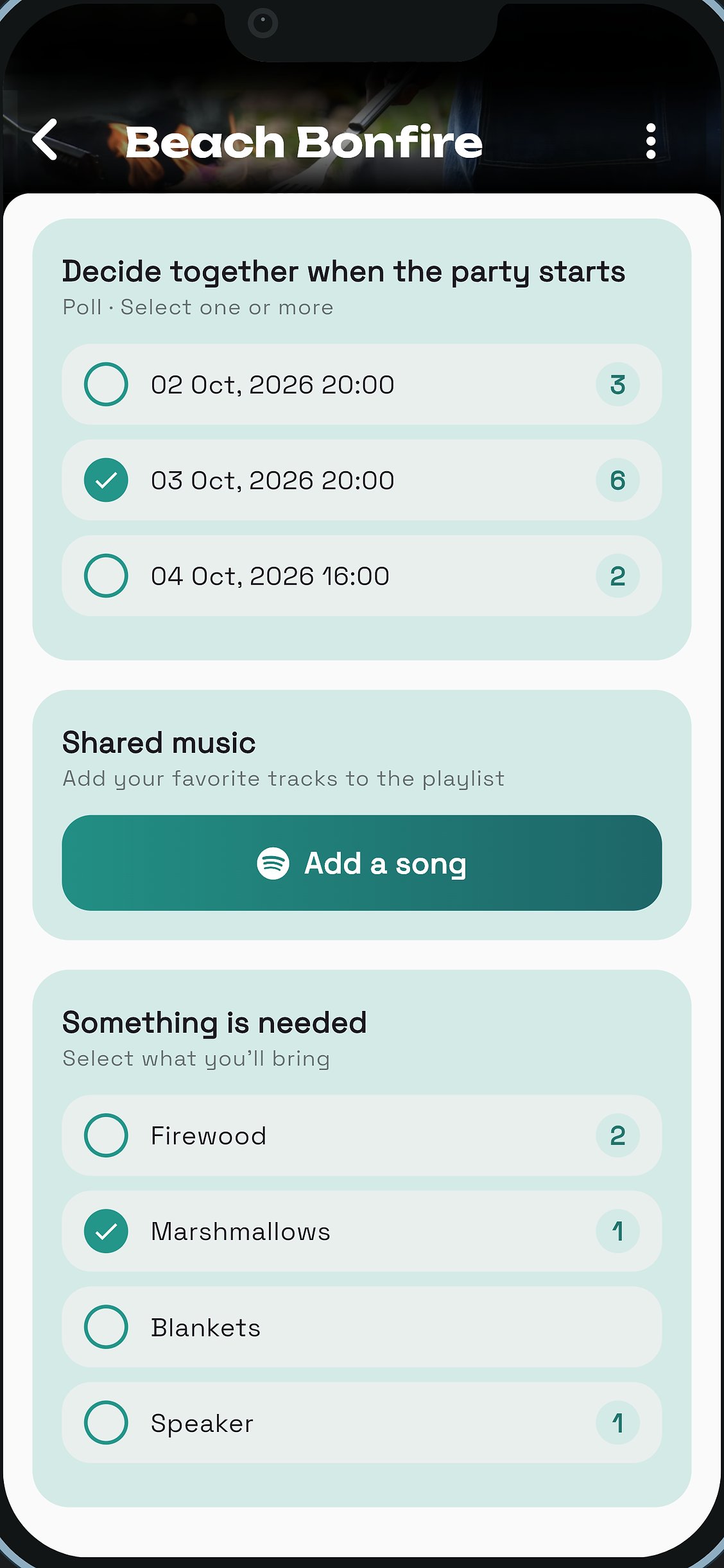 A date poll, a shared playlist and a who-brings-what list inside a wya event