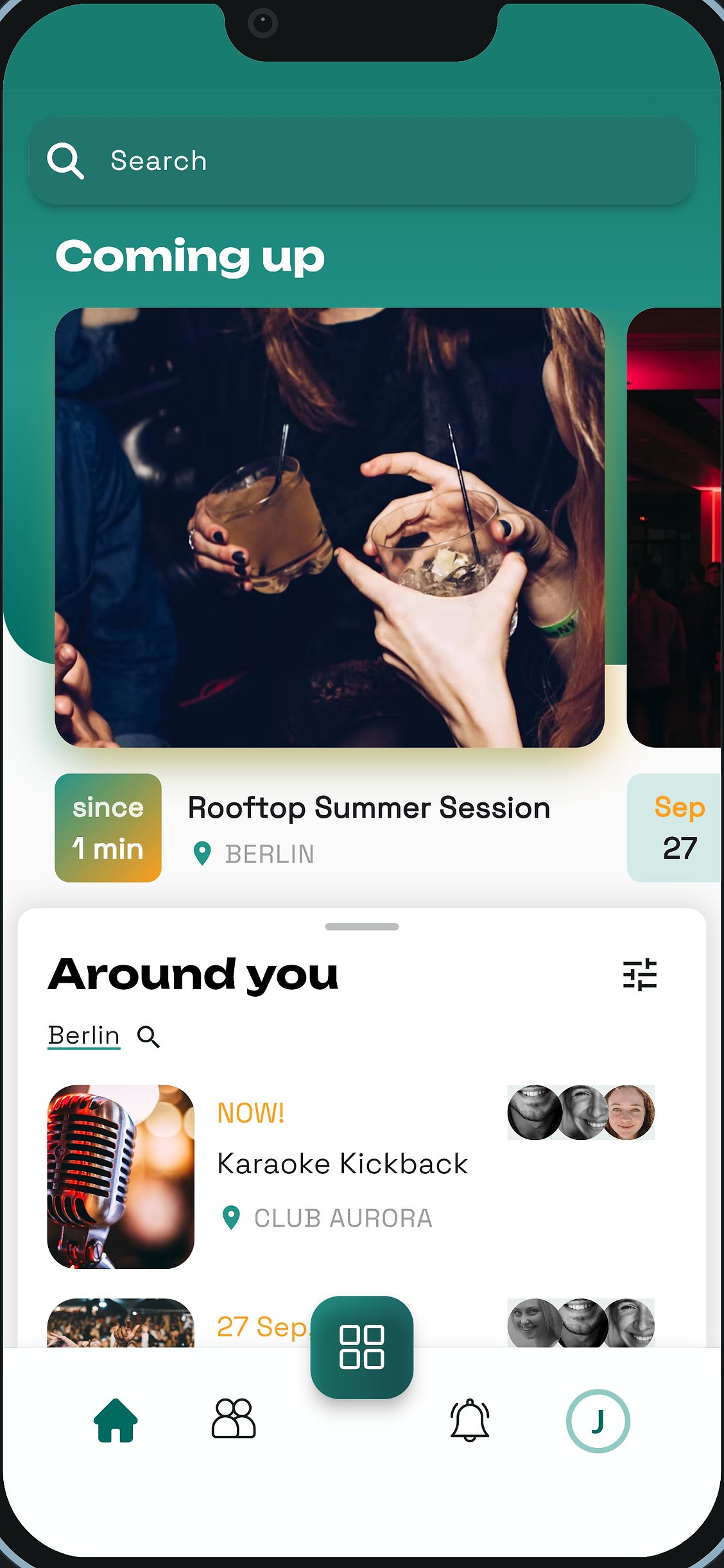 The wya home screen with upcoming events and nearby parties